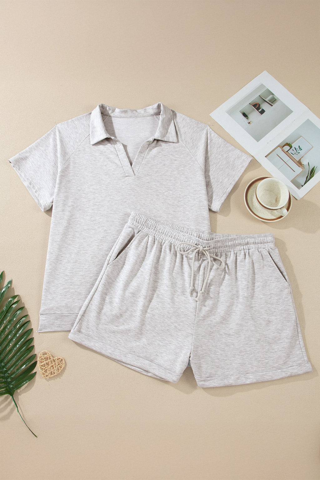 Plus Size Solid V-Neck Top & Elastic Shorts Set